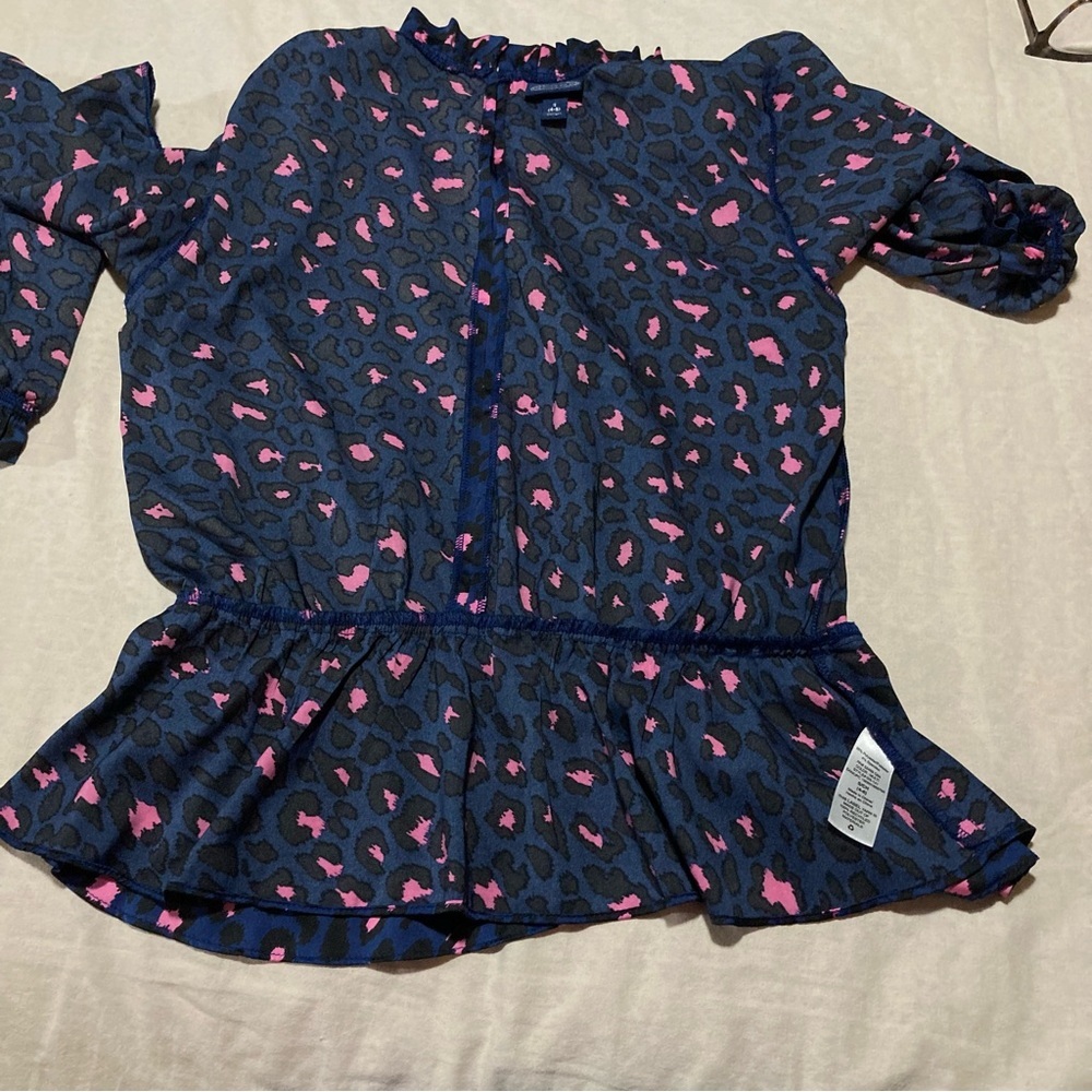 Navy & Pink Peplum Blouse with Full Long Sleeves & Ruffled Mandarin Collar - Picture 9 of 11